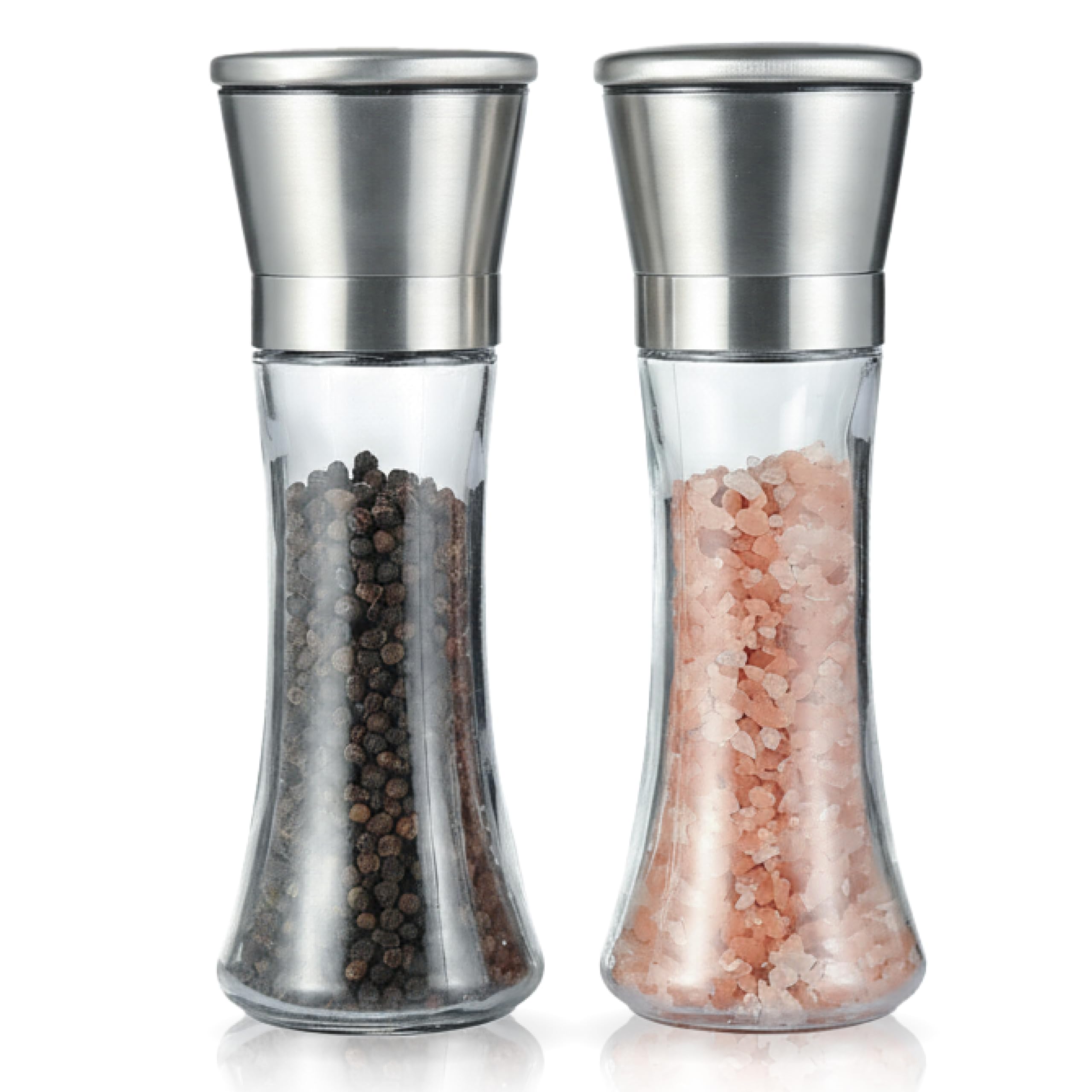 Pop Frog Pepper Mill Set: 2 Manual Pepper Mills (Salt Mill, Rock Salt, Glass, Stainless Steel) - Washable, Simple Design.
