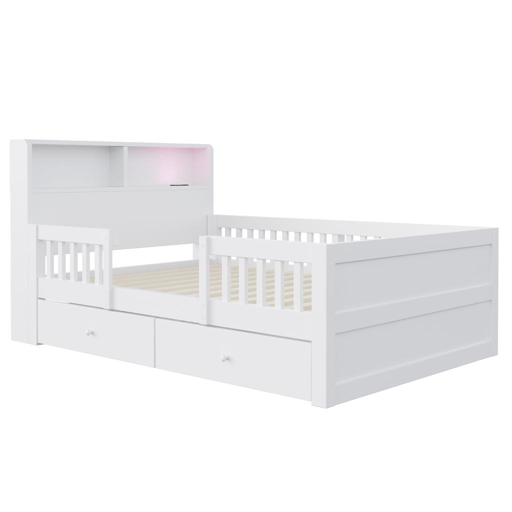 Wooden Bed 90 x 190 cm, USB and Type-C Combo Socket, LED Light, Headboard with Storage Function, Children's Bed, Multifunctional Bed, Pine Wood, White