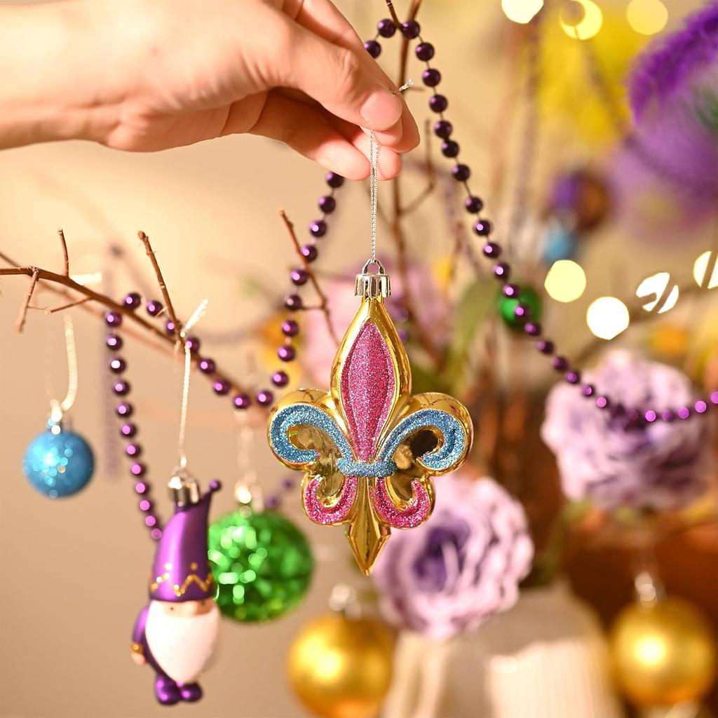 DecorbyHannah 40ct Mardi Gras Ornaments Decorations, Purple Green Gold Ornaments Set with Carnival Masks and Mardi Gras Beads, Shatterproof Ornaments