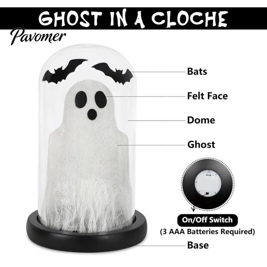 Battery Operated LED Table Lamp Halloween Light Up Ghost in Dome Cloche, Cute Night Spooky Indoor Home Decor with Bats for Kitchen Mantel Tabletop