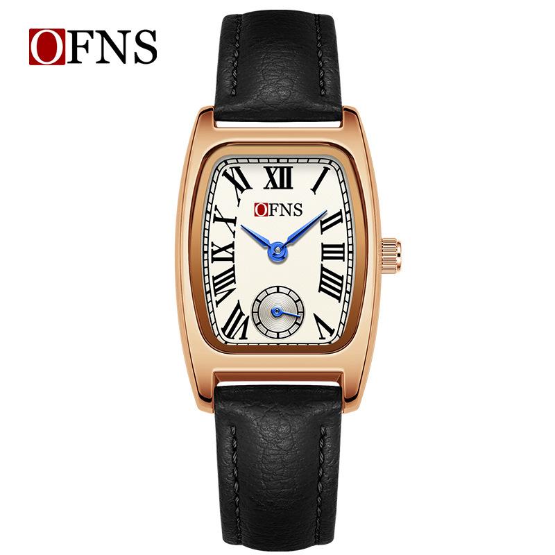 Fashion Ofns Brand Women's Quartz Watch Vintage Barrel Shape Two Half Hand Leather Strap Waterproof Dress Leather Wrist Watches