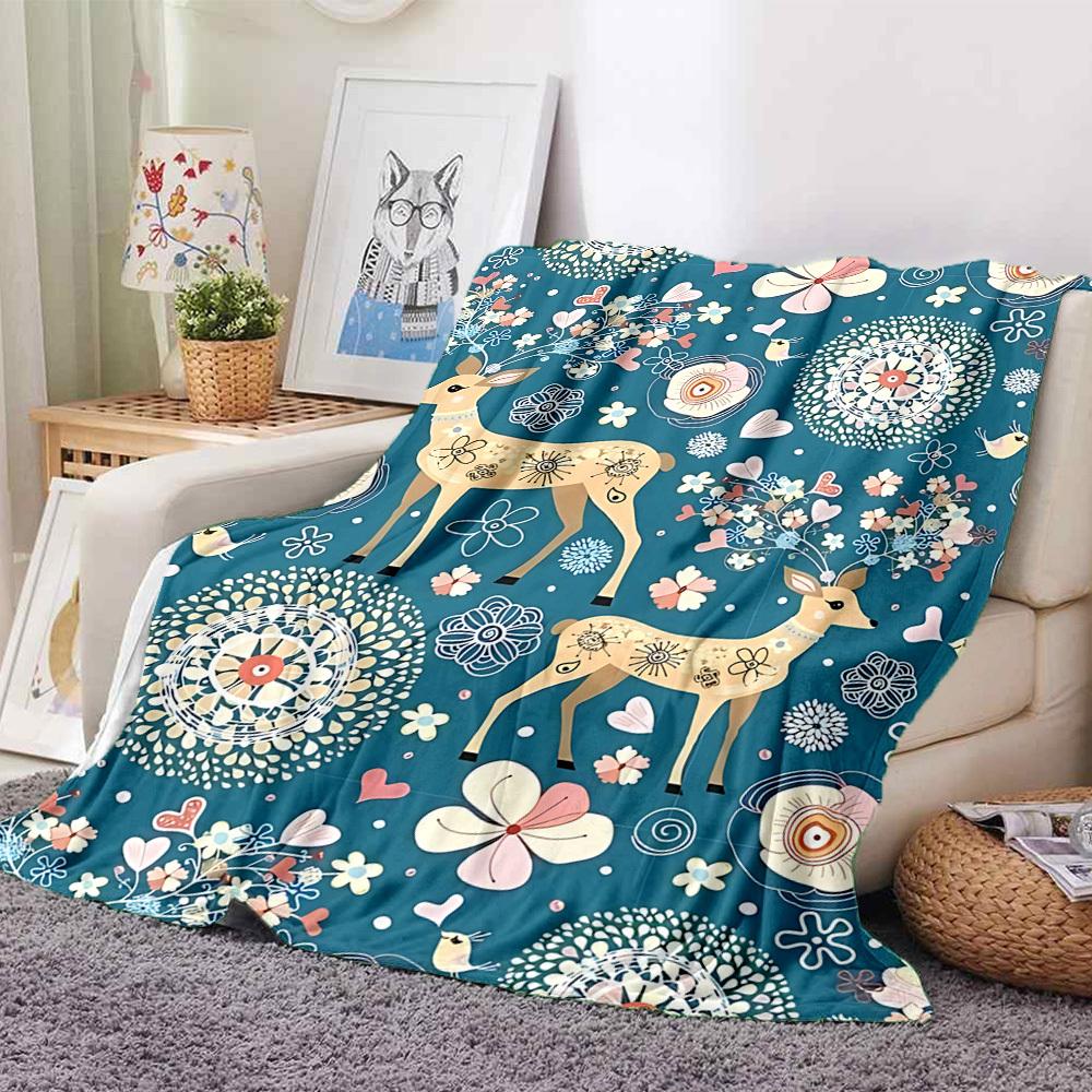 1pc Deer Floral Lightweight Flannel Blanket, Comfortable and Warm Blanket, for Office and Camping Sofa Bed, Livingroom108
