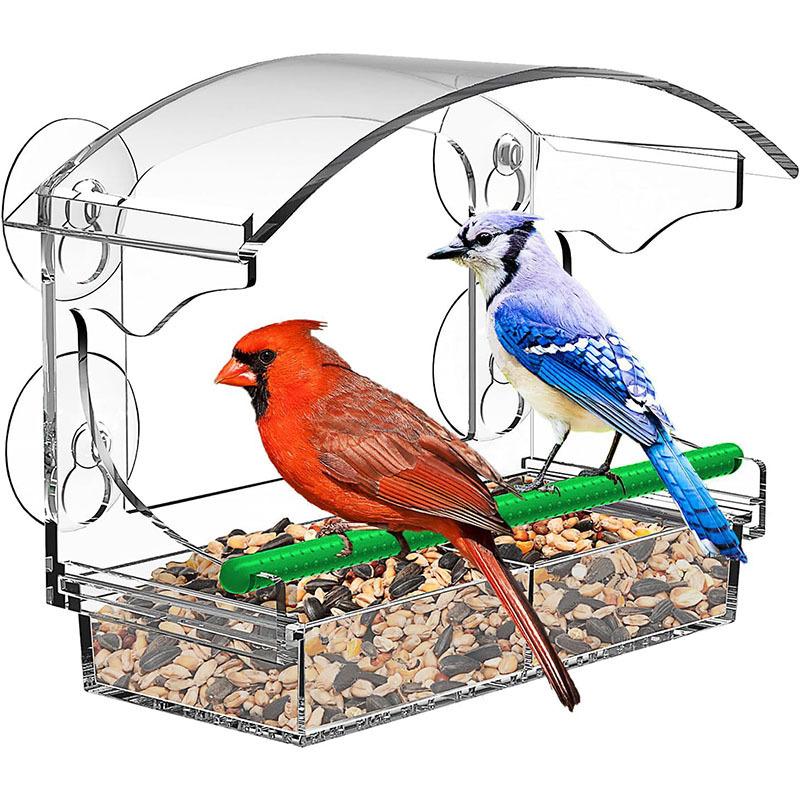 Clear Window Bird Feeder Acrylic Bird House with Suction Cup Removable Tray Perch Weatherproof Outdoor Bird Feeder Food Containe