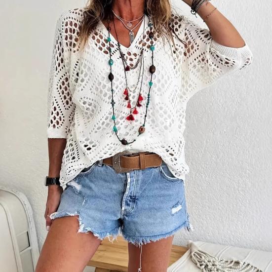 Women Tops Solid V-Neck 45720 Sleeve Knitting Color Loose Fit Cover