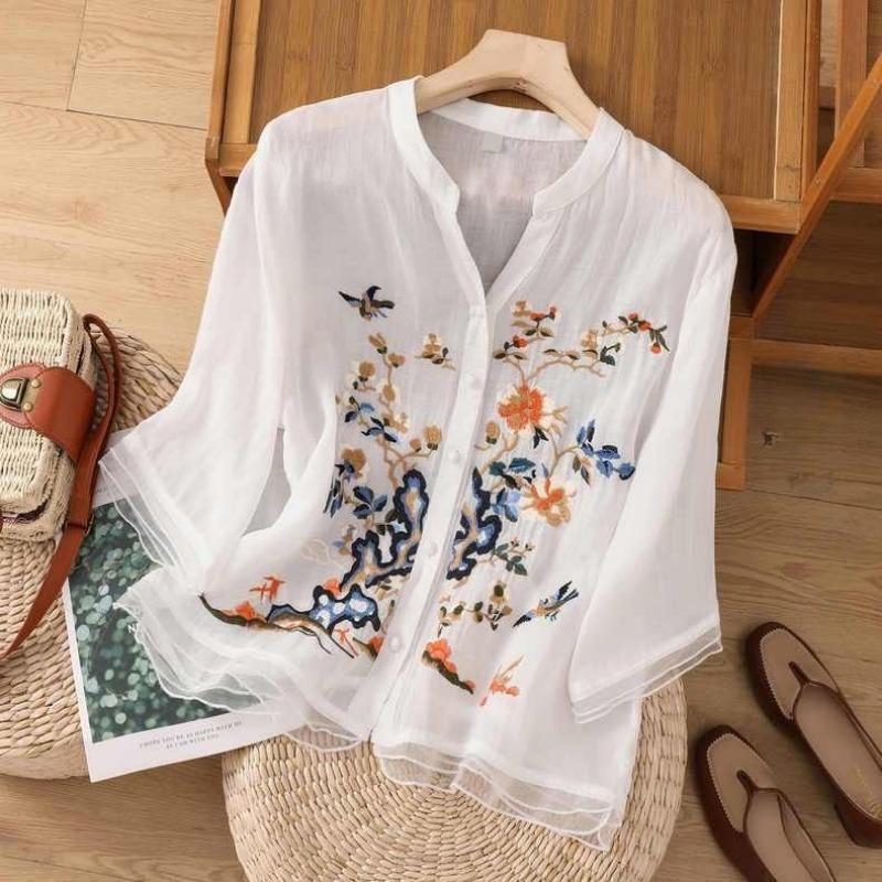 Women s Summer Cotton-Linen Embroidered Cardigan New Chinese-Style National Aesthetic Patchwork Button-Front Shirt XS
