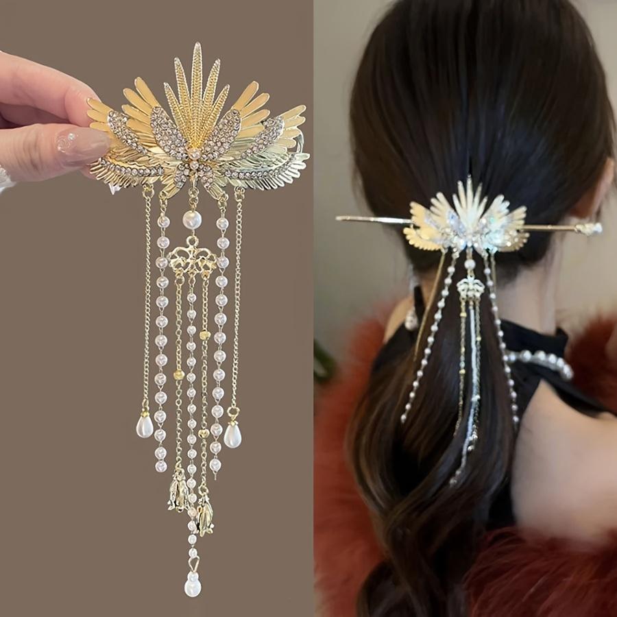 Vintage-Inspired Angel Wings Hair Clip Exquisite Faux Pearl Tassels Rhinestone Embellishments Zinc Alloy Metal Hairpin