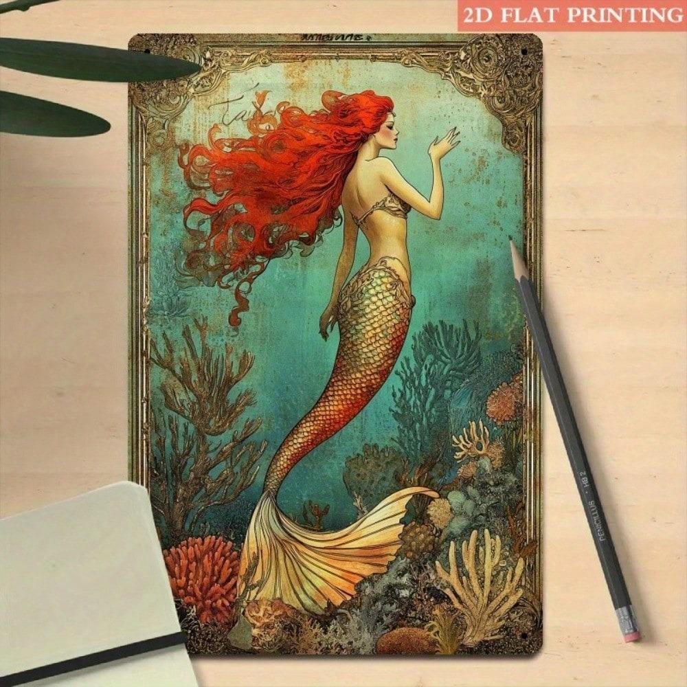 Vintage Mermaid Tin Sign Wall Art 8x12 Inch Retro Cafe Home Decor Metal Plaque