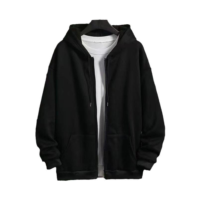 Men's Korean Style Solid Fleece Zip-Up Hoodie - Autumn/Winter Casual Sports Cardigan