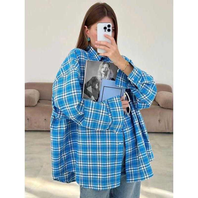 Fashion Style Loose Plaid Retro Lapels Casual Shirt Loose Plaid Long Sleeved Shirt