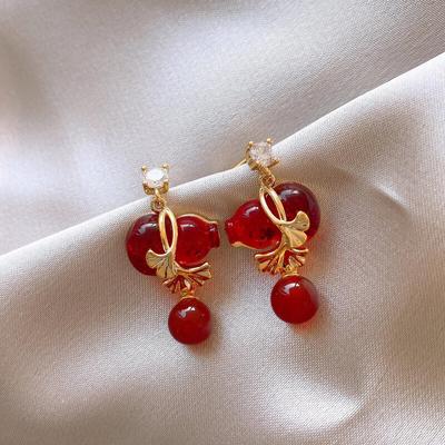 Fashion Red Gourd Apricot Leaf Dangle Earrings for Women Lady Personality Design Gentle Drop Earrings Party Jewelry Accessories