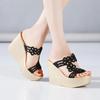 11cm Small 32-41 Comfortable Rhinestone Cutout Soft Leather Slippers 2025 Platform Wedges Slippers High Heels Shoes Office Mom