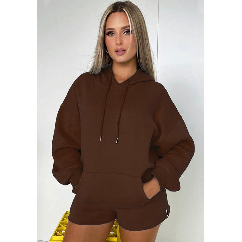 Autumn and Winter New Product Solid Color Thickened Velvet, Hooded Long Sleeve Hoodie, Women's Fashion Casual Shorts Set