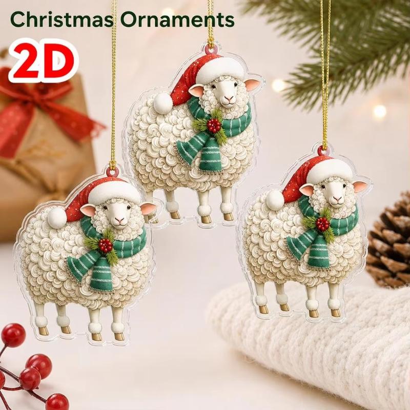 1Pcs Christmas Sheep 2D Acrylic Ornament with Santa Hat Scarf Lovely Xmas Tree Hanging Pendant for Winter Holiday Home Decor