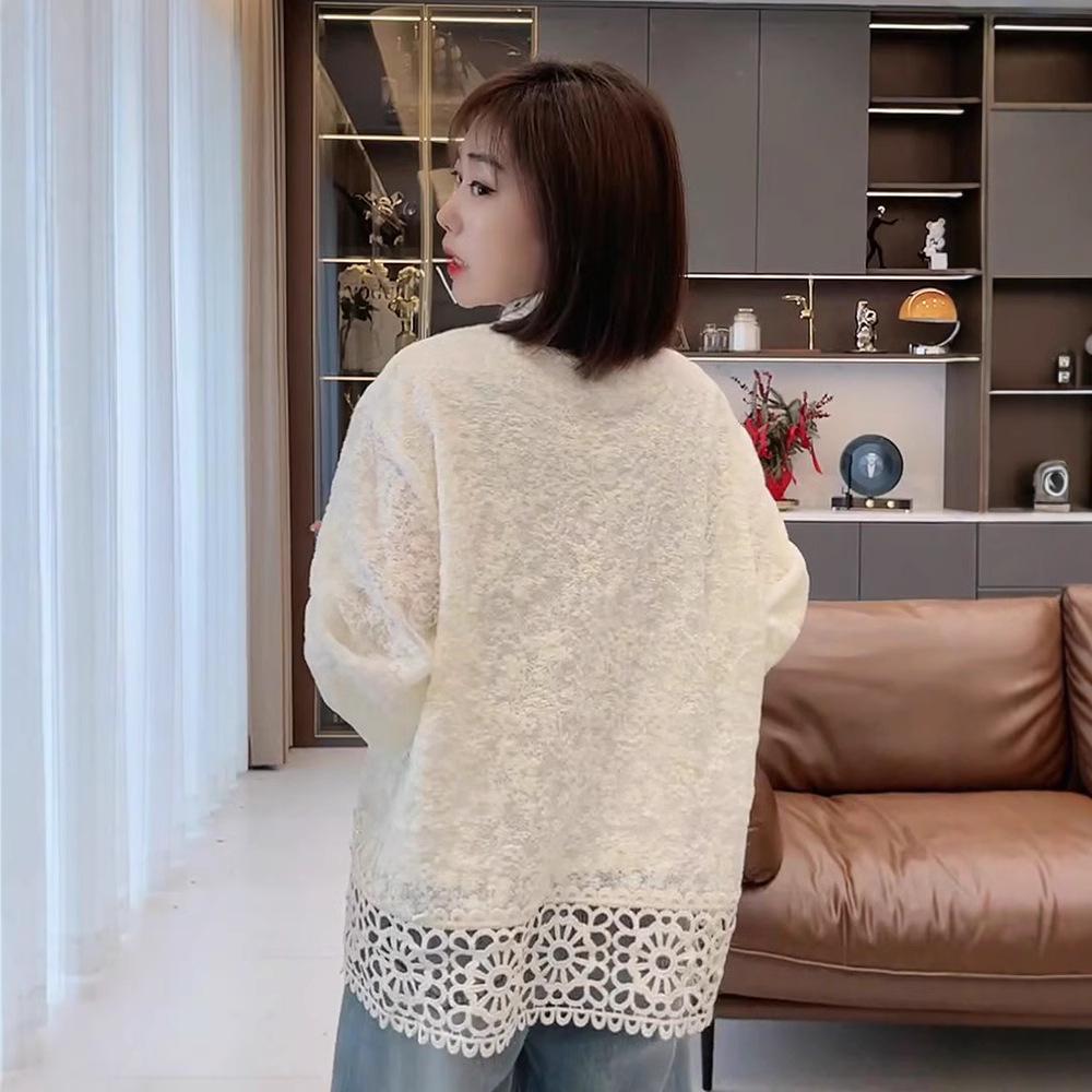 Korean Style Openwork Lace Lapel Blouse - 2025 Spring Women's Loose Fit, Long Sleeve