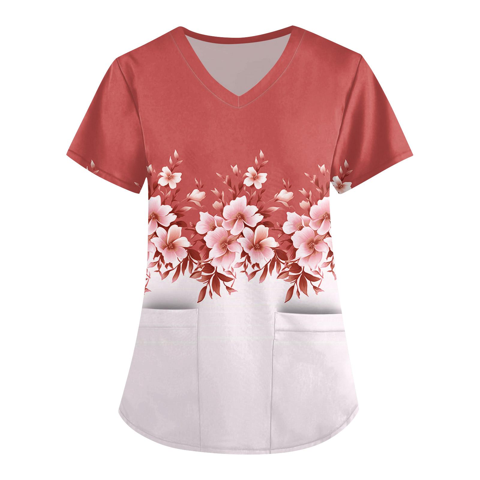 

Жіночий милий принтований робочий одяг, V-подібний виріз, двошарові кишені, базовий пуловер з короткими рукавами, Валентина XXL червоний