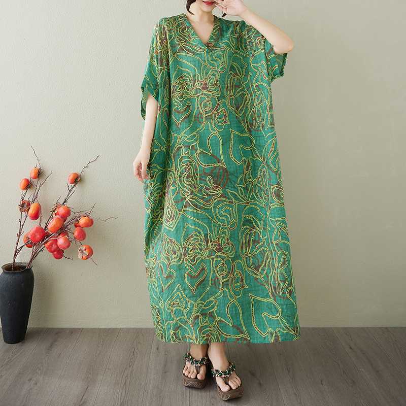 Vestido Largo Vintage para Mujer con Estampados de Algodón y Lino