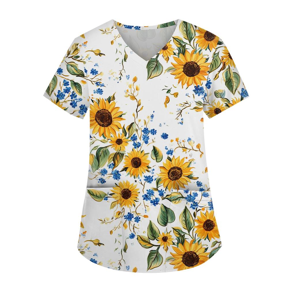 Women's Printed Uniform Work Uniform V-Neck Pocket Protective Work Uniform
