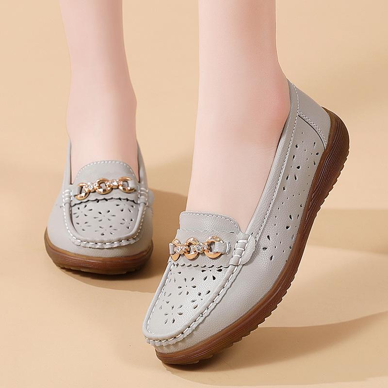 2023 Spring/Autumn Women's Casual Leather Slip-On Shoes with Metal Buckle - Soft Sole, Large Size, Comfort for Moms