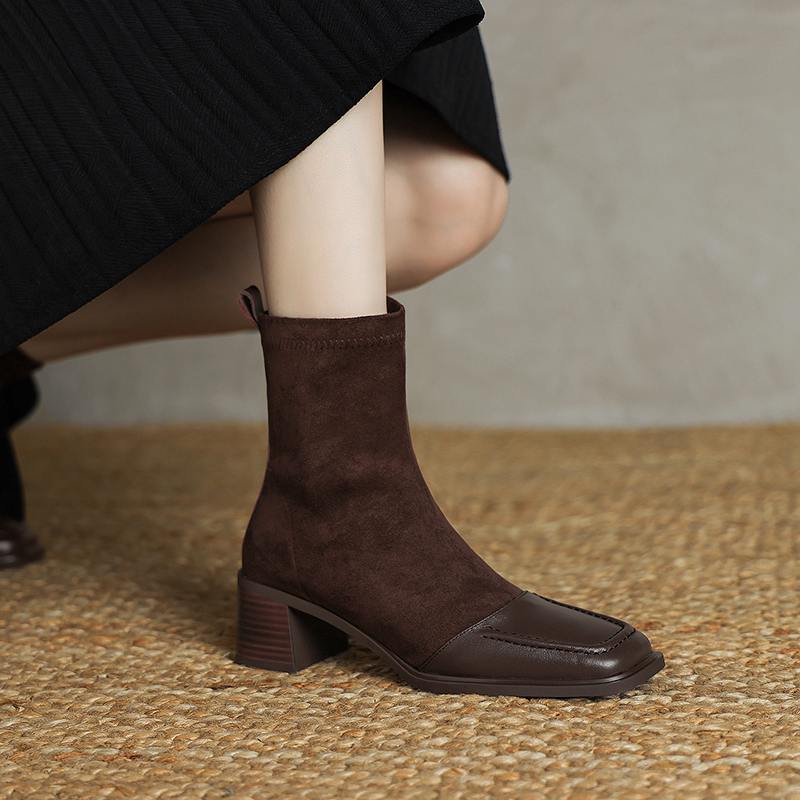 Krazing Pot Cow Skin Winter Square Toe Chelsea Boots Med Heels Zipper Women Flock Patch Work Ankle Boots