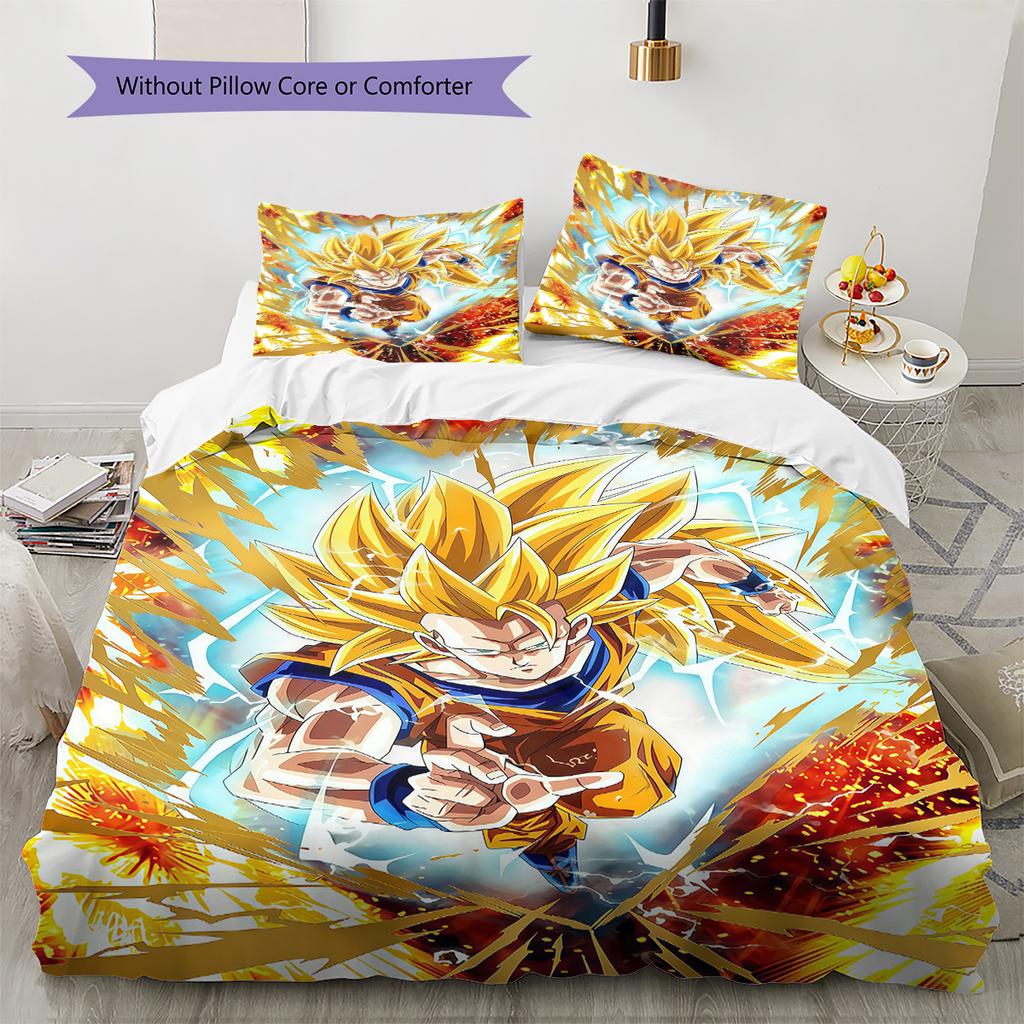 Ropa de cama con estampado de Son Goku, Juego de colcha, Funda de colcha, Funda de almohada, Regalo de cumpleaños para el hogar (1 * funda nórdica + 2 * fundas de almohada, sin núcleo)