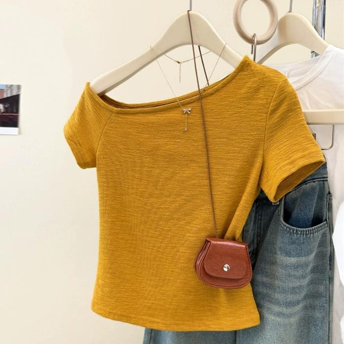 Workmanship Texture Oblique Neck Off-Shoulder Short Sleeve T-Shirt Women s Summer S
