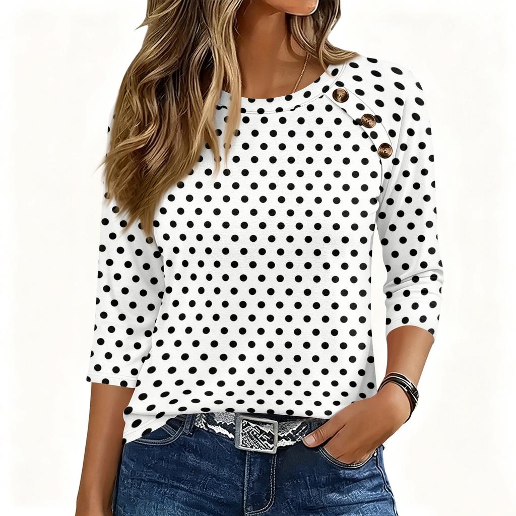 Women 34 Sleeve Crew Neck Button Decor Top Geometric Pattern Casual Loose Fit Blouse for Daily Wear Office Travel