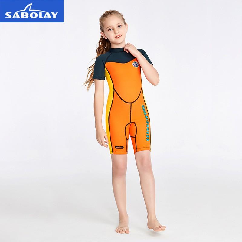 SABOLAY Fato de Mergulho Infantil 2MM para Meninas Peça Única Térmico Roupa de Banho Protetor Solar Surf Snorkel Água-viva