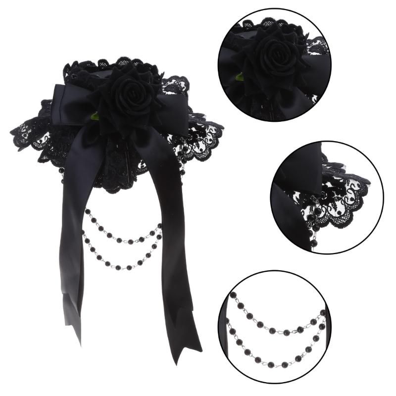 Lolita Ribbon Bows Beaded Pendant Bonnet Cap Headdress Gothic Flower Lace Mini Top Hat Headwear Cosplay Accessories