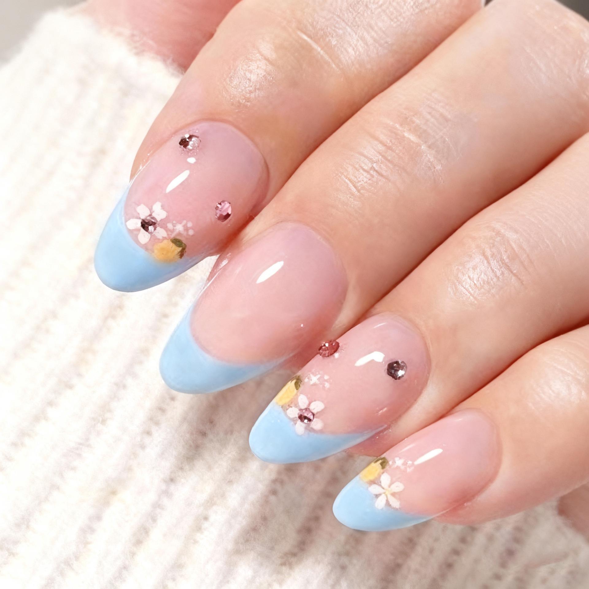 24-Piece 3D Manicure Set: French Powder Blue Gradient Almond Nails with Bee and Flower Designs