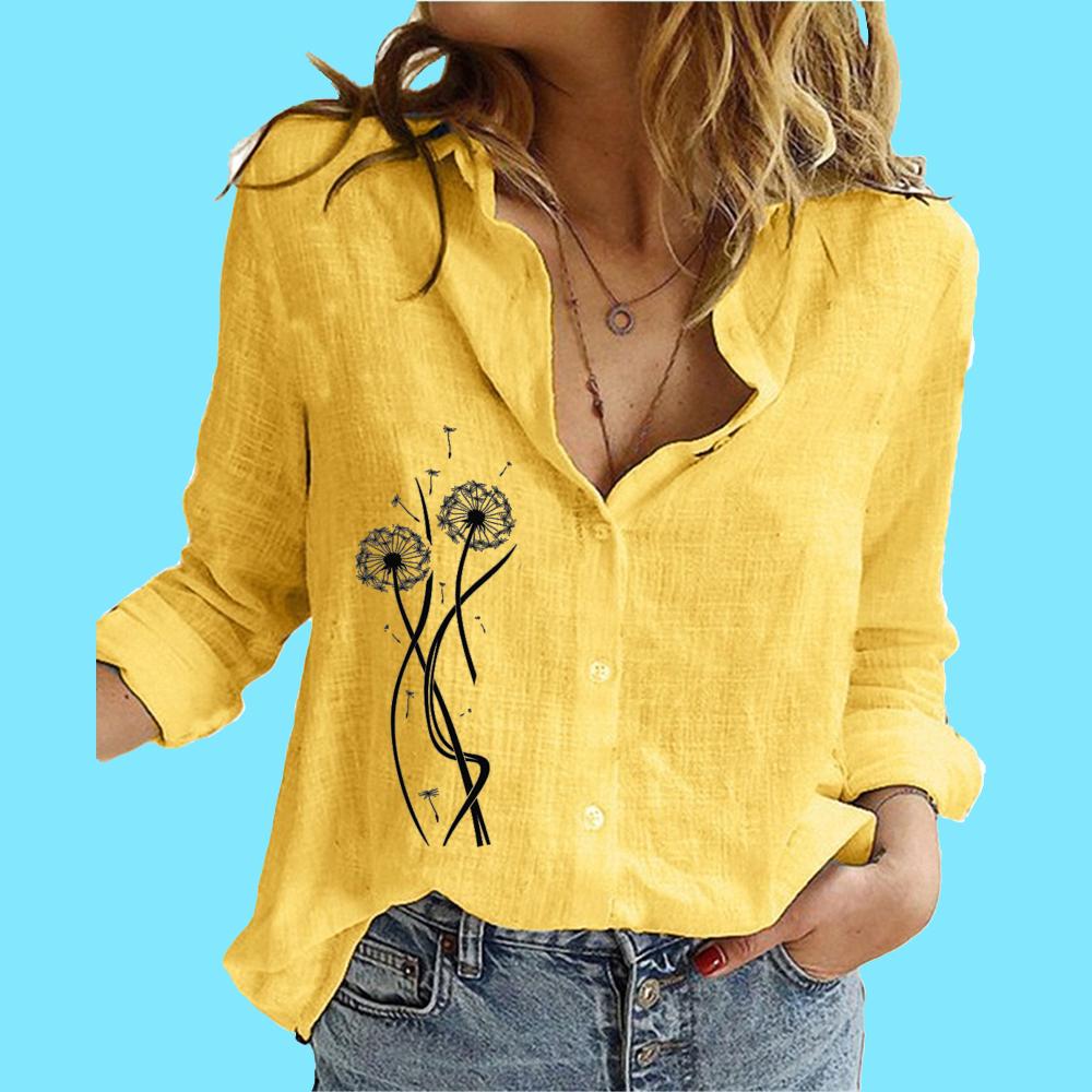 

Женская мода хлопок льняная блузка женская стойка воротник длинный рукав топ повседневный принт застегивающаяся рубашка 5XL жёлтый