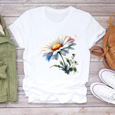 (Asian Size) Casual Sweet Flower Cute Tees Top Women Clothing Short Sleeve T Shirt Tee Fashion Print Ladies Female Graphic T-shirts