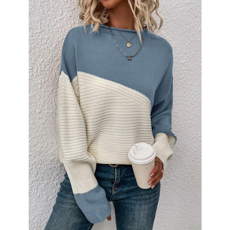 Womens Block Funnel Neck Pullover Sweater Soft High Elasticity Acrylic Knit Fabric Long Sleeve Drop Shoulder Design Perfect for Fall and Winter