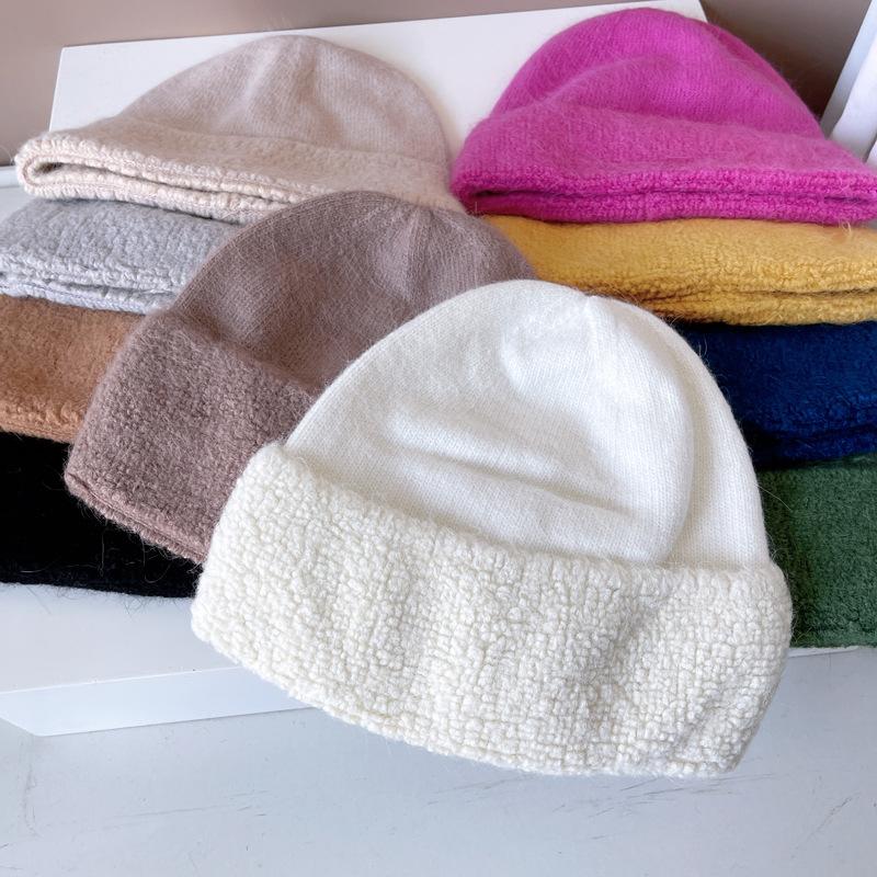 Circle yarn rabbit hair knitted wool hat female autumn and winter show a small face, keep warm and cold, ear protection, pullover hat, fluffy hat