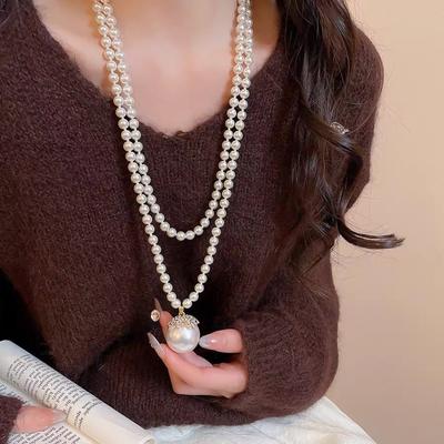 Stackable Neck Pearl Pendant Necklace Round Long Necklace Stylish Jewelry Accessories  Party Wear