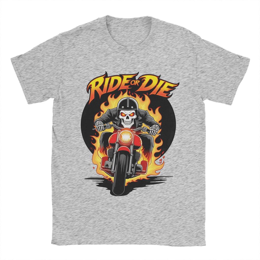 Unisex TShirt Ride or Die Fiery Skull Biker Funny  Cotton Tees Short Sleeve  T Shirt Crew Neck Clothes Gift