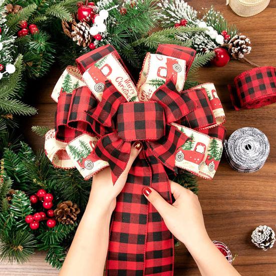

Бант для верхушки рождественской елки Yousheng, красный, черный, клетчатый, рождественский бант для верхушки рождественской елки, украшение из деревенской ткани, бант для верхушки елки для праздничных украшений красный