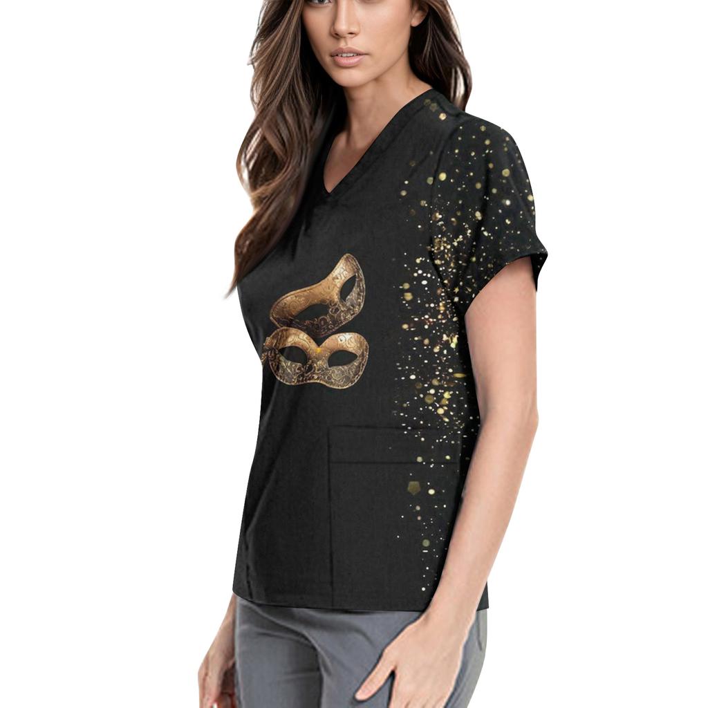 Women's  Carnival Themed Outfit Party Mask Pattern Caregiver Top