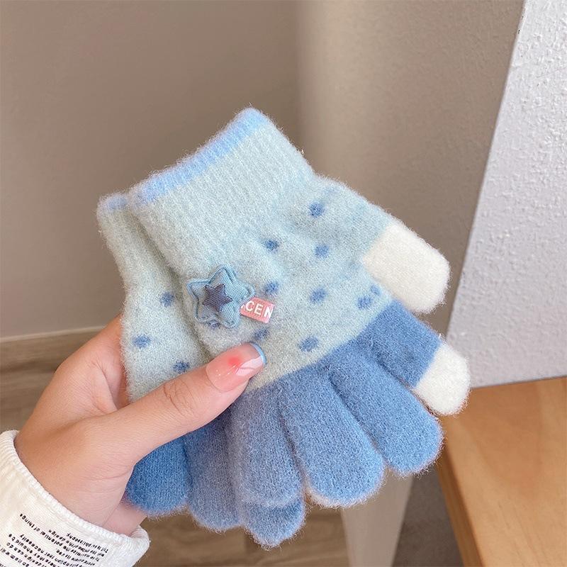 Children's Gloves Cartoon Cute Stars Autumn and Winter Velvet Thickened Warm Windproof Five-finger Boys and Girls Color Matching Gloves