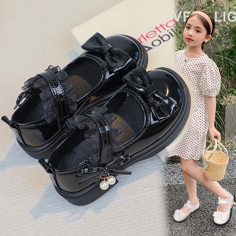 Girls leather shoes sweet bow princess shoes 2025 new children's black single shoes British style soft sole performance shoes