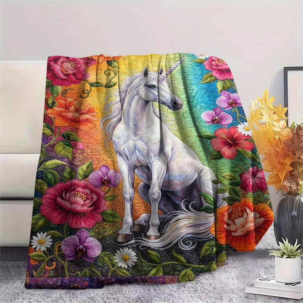 1PC Rainbow Unicorn Art Print FlAannel Blanket, High quality Comfortable for All Seasons, Home Decor, Warmth and Comfort