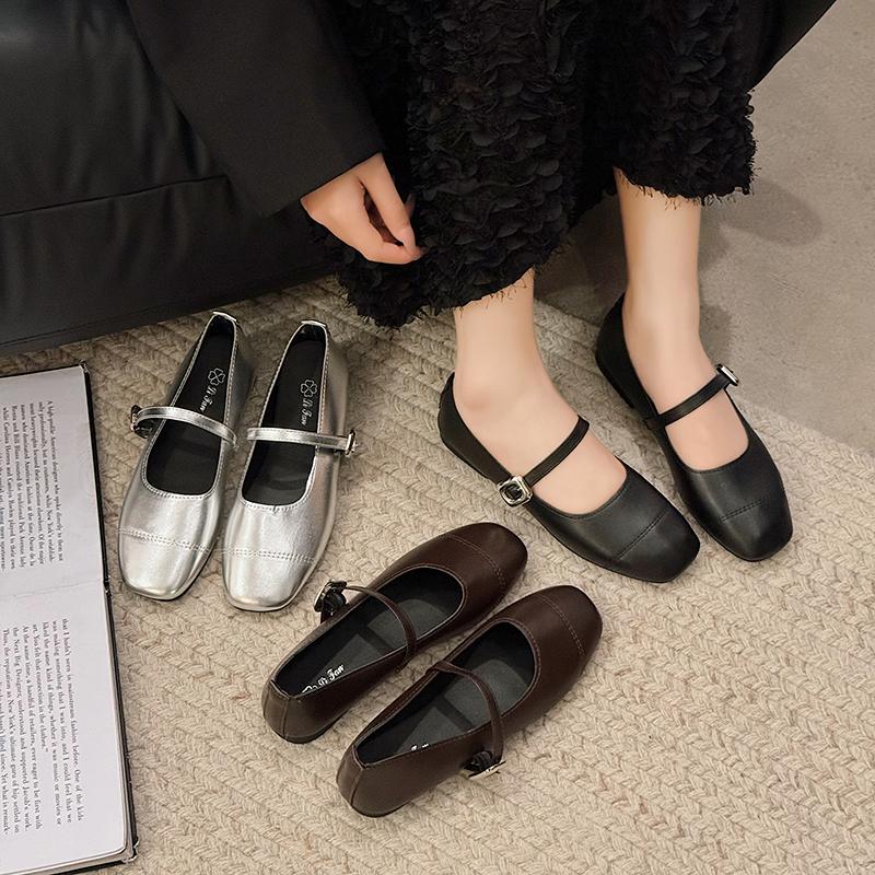 Fashion Silvery Women Mary Jane Shoes Fashion Square Toe Belt Buckle 2025 Spring Autumn Elegant Low Heel Female Shoes