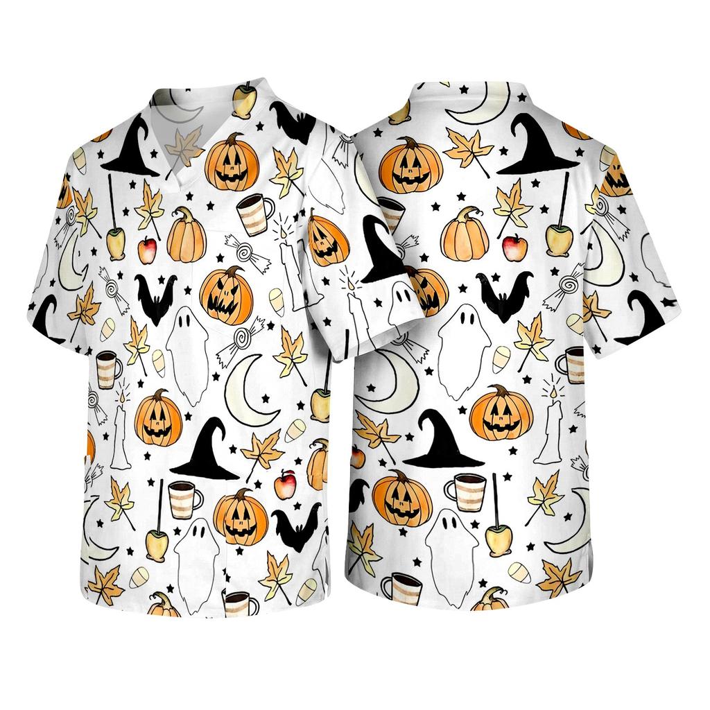 Men's Short Sleeve V Neck Halloween Print Medical Scrub Top with Chest Pocket Comfortable Fit Durable Fabric Suitable for Healthcare Professionals