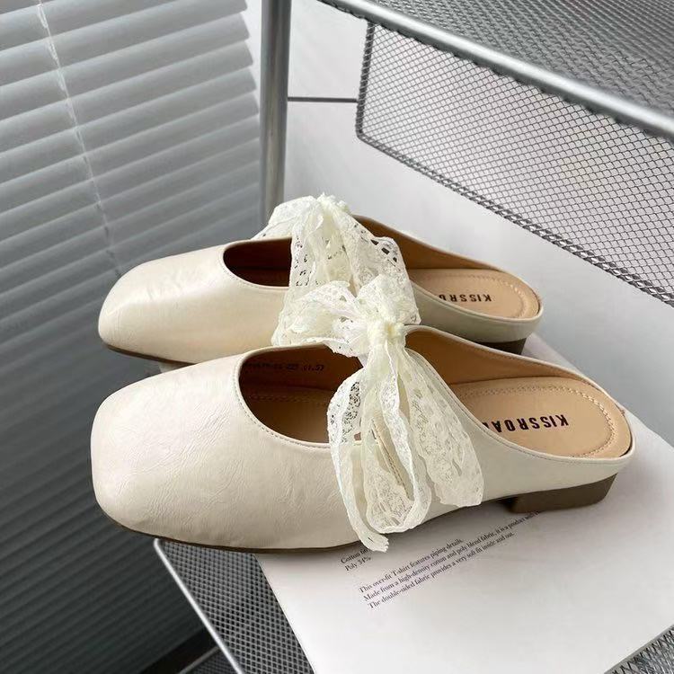 Wear Half Slippers Women's Thick Heel Soft Leather Silver Lace New Bow 2025 Spring and Summer Muller Shoes Bag Head Slippers
