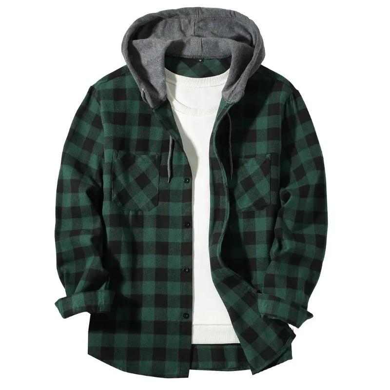 Men's Shirts Classic Plaid Casual Button Down Hooded Long Sleeved Double Pockets Shirt Hoodie Flannel Jacket Spring Autumn