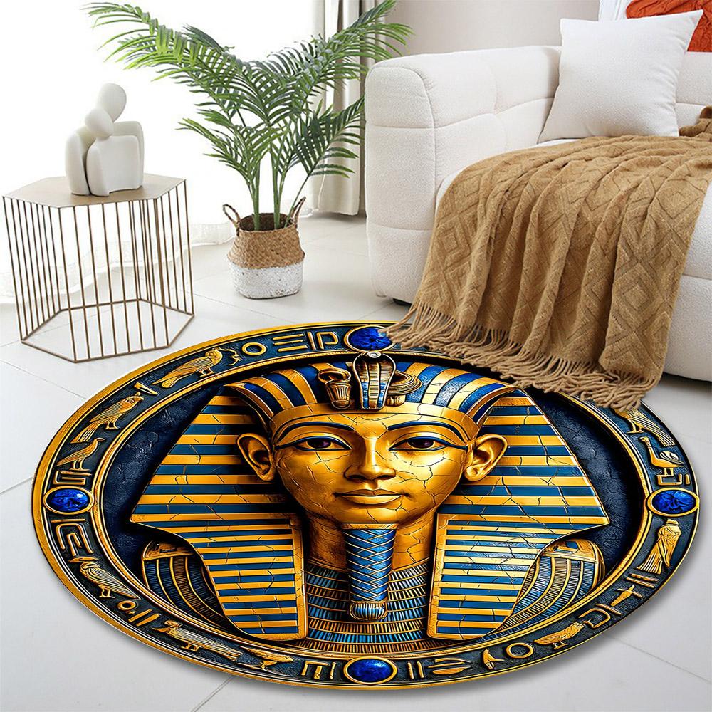 Golden Pharaoh with Hieroglyphic Circle Print round rug, living room, bedroom, playroom carpet, non slip floor mat, gift