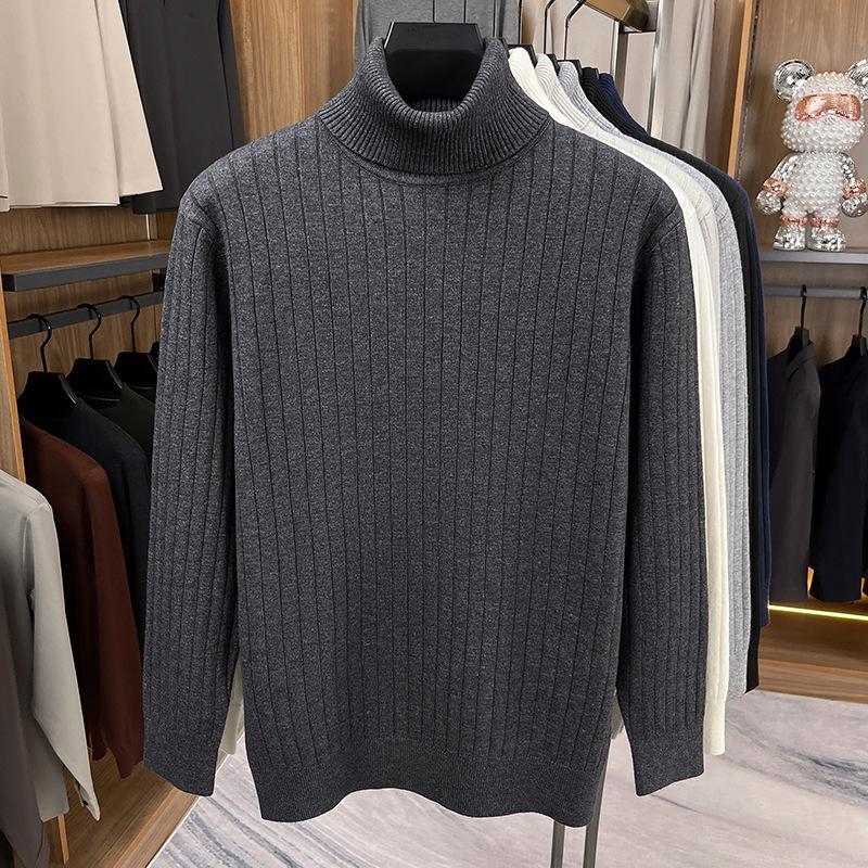 Knitted Vertical Stripe Men s High-Neck Sweater - Slim Fit Fine Gauge, Light Luxury, Winter Warmth L