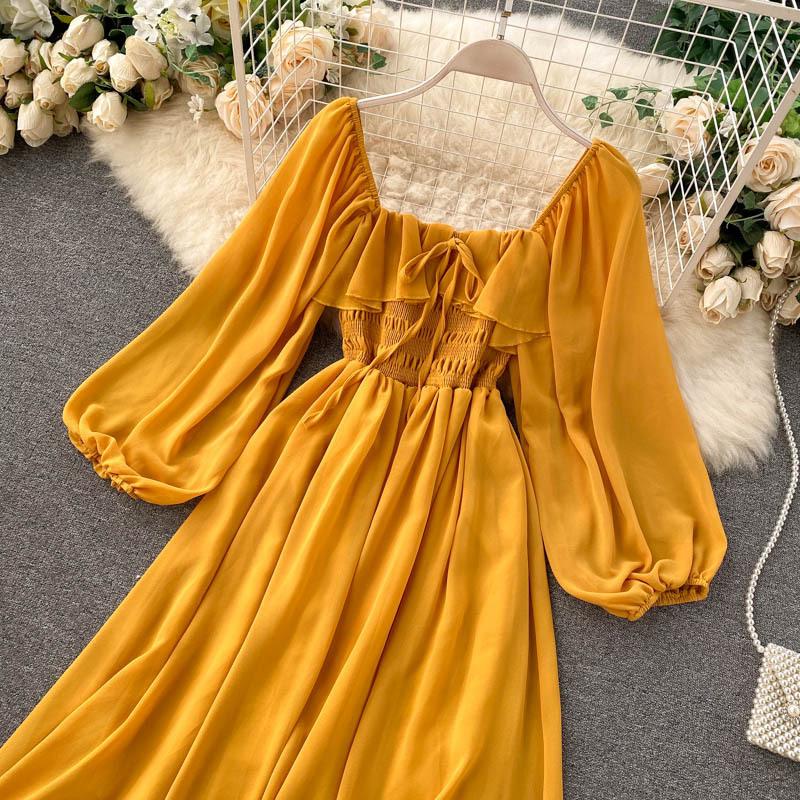Chic Gentle Wind Dress Autumn Women's French Vintage Square Neck Magenta Bubble Sleeve Dress
