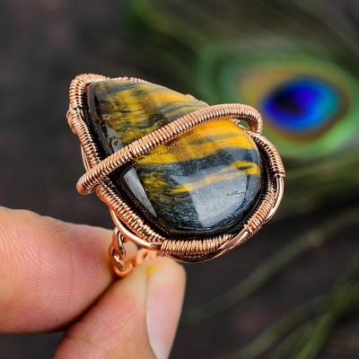 Gema Natural Ojo de Tigre Hecho a Mano Envoltura de Alambre de Cobre Anillo de Regalo Talla 8 J8K52