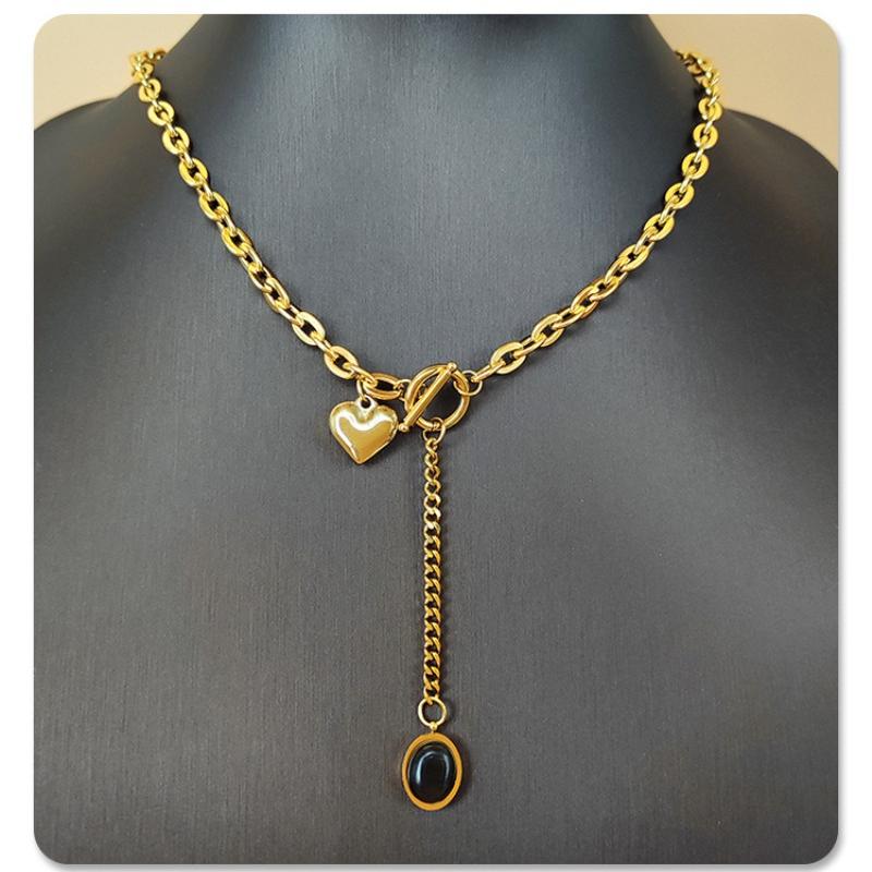 New Hip Hop Fashion Personality Gold Color Stainless Steel Collarbone Chain Necklace OT Buckle Opal Heart Pendant Choker Jewelry