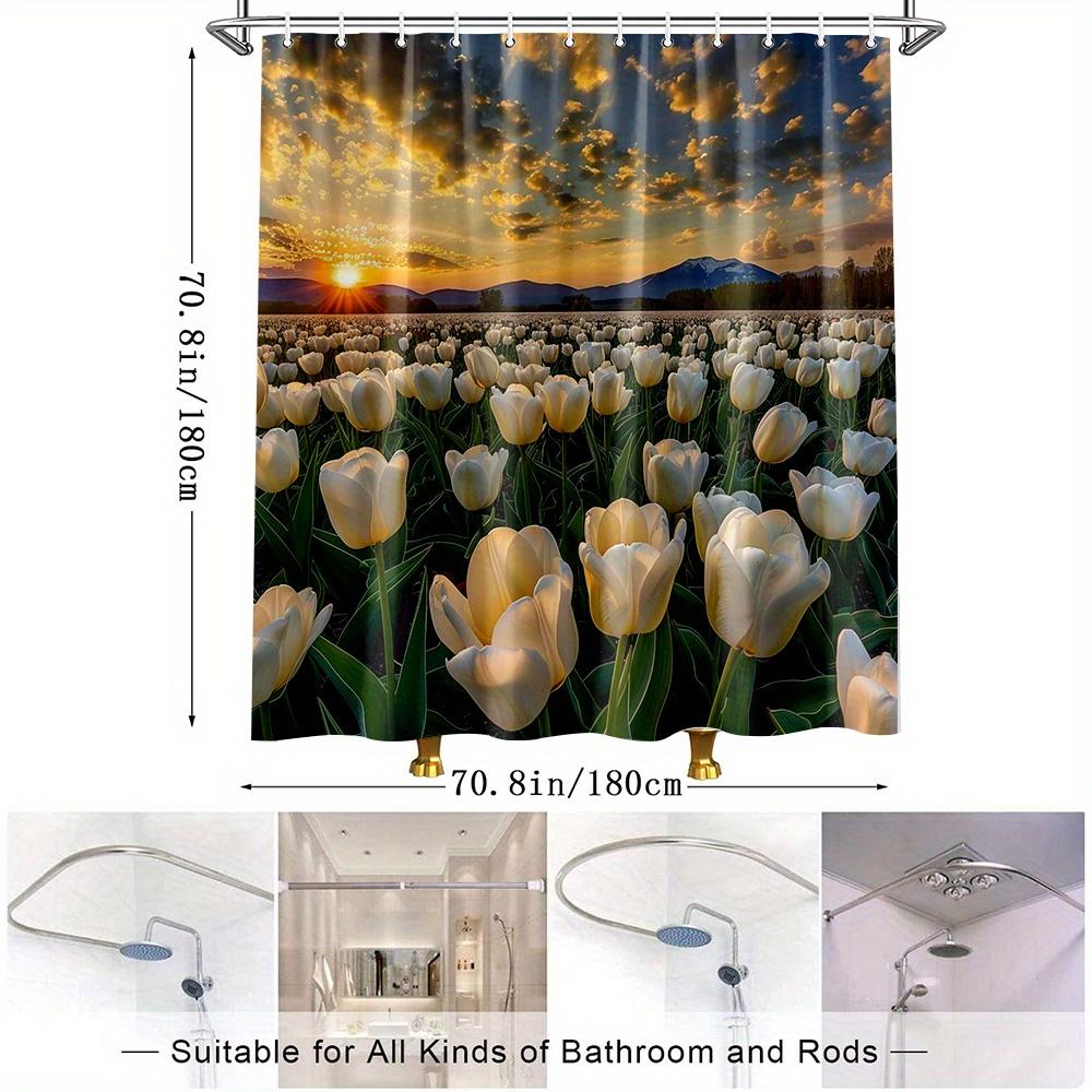 1pc Sunset Tulip Shower Curtain - Vibrant Floral Design with White Tulips & Sunset Sky, Durable Polyester Fabric, 70. 8x70. 8 In